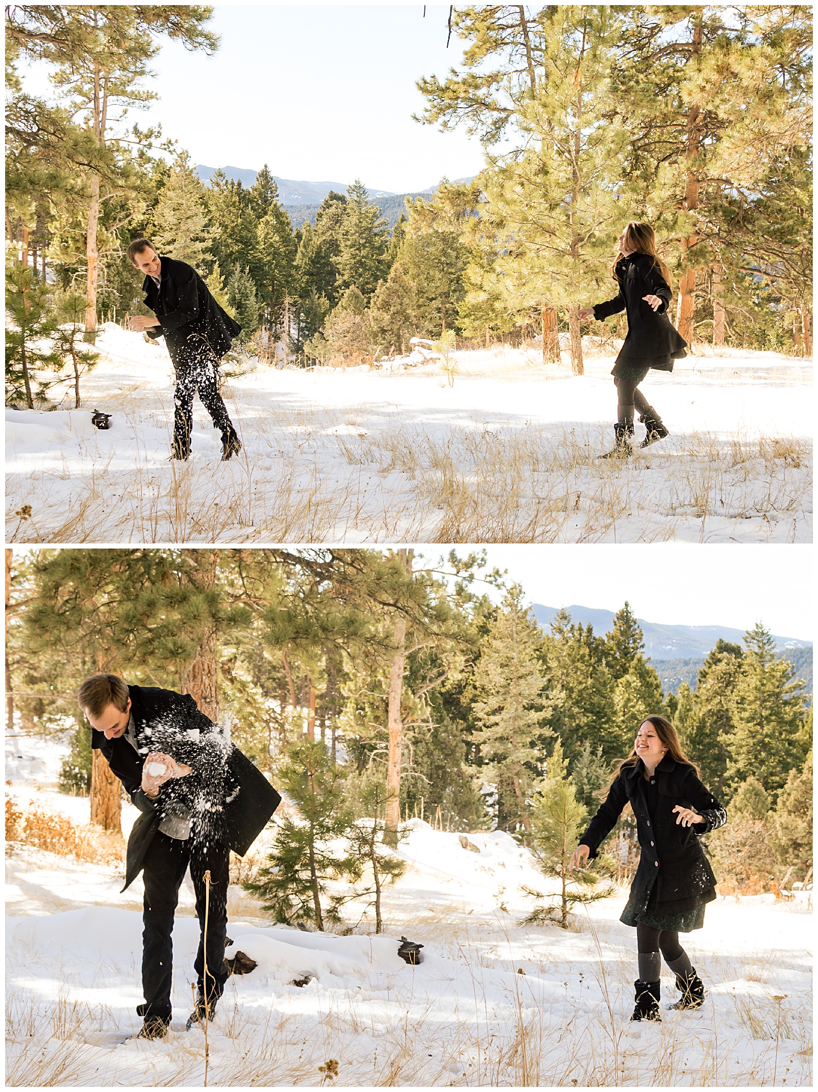 colorado engagement session at mount falcon park snowball fight