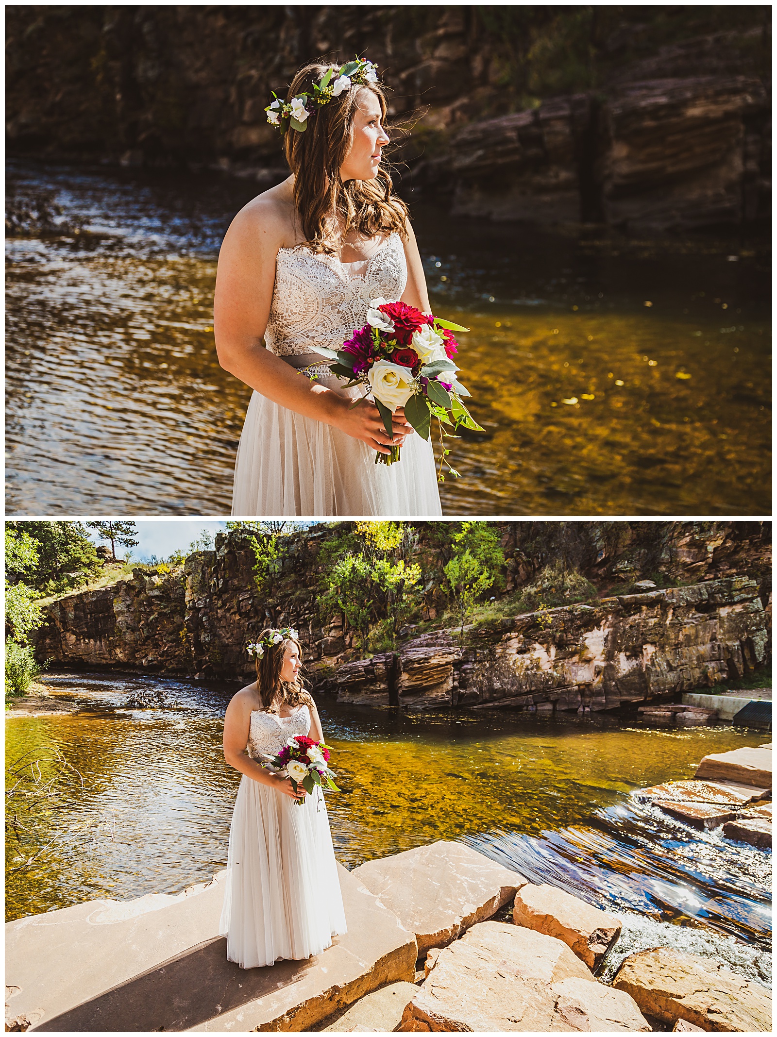 river bend wedding bridal portraits next to river