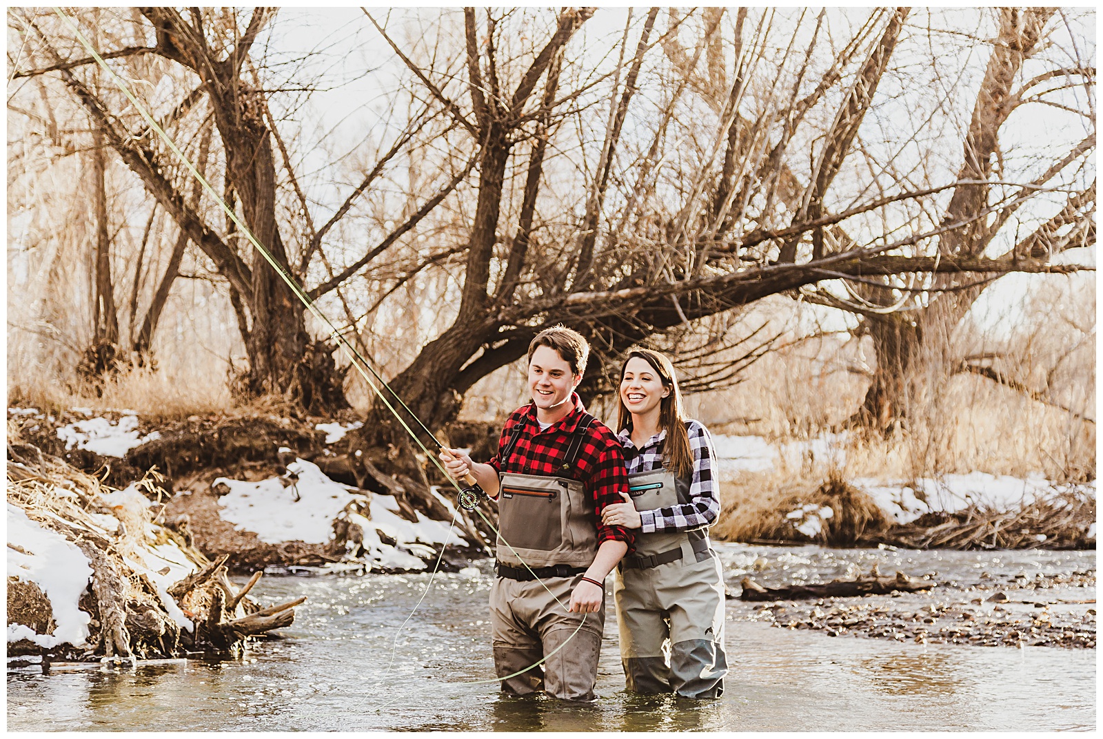 winter fly fishing engagement session