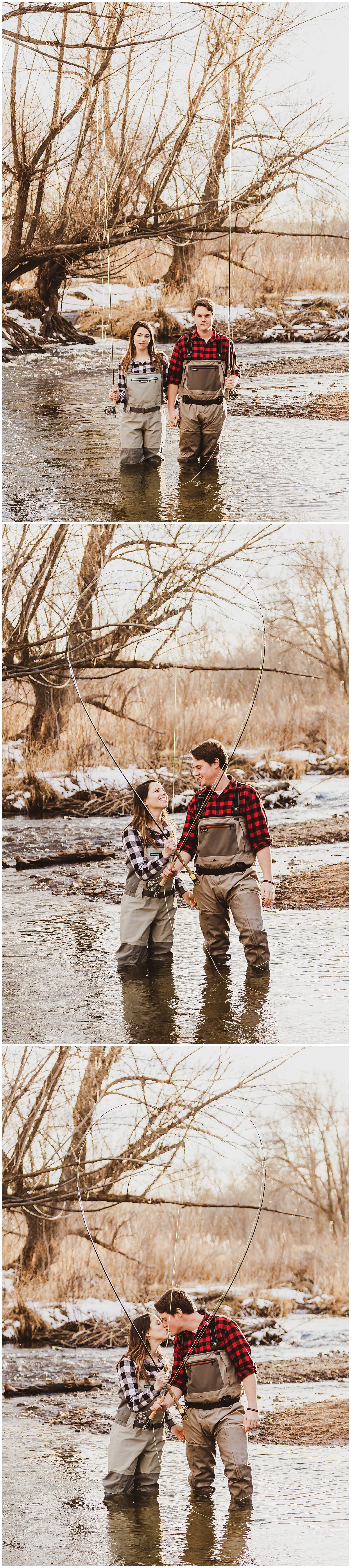 fly fishing engagement session during winter
