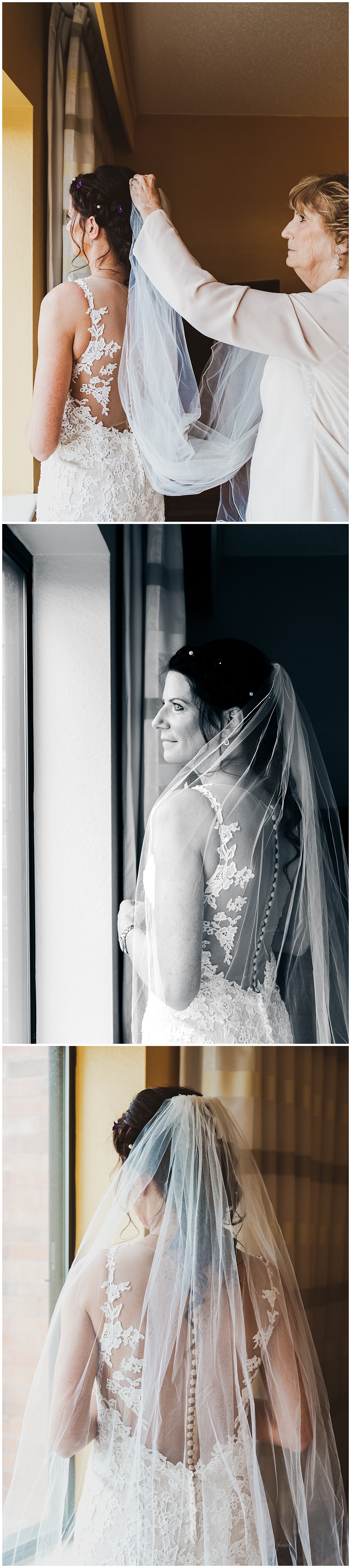 bride putting on veil by window