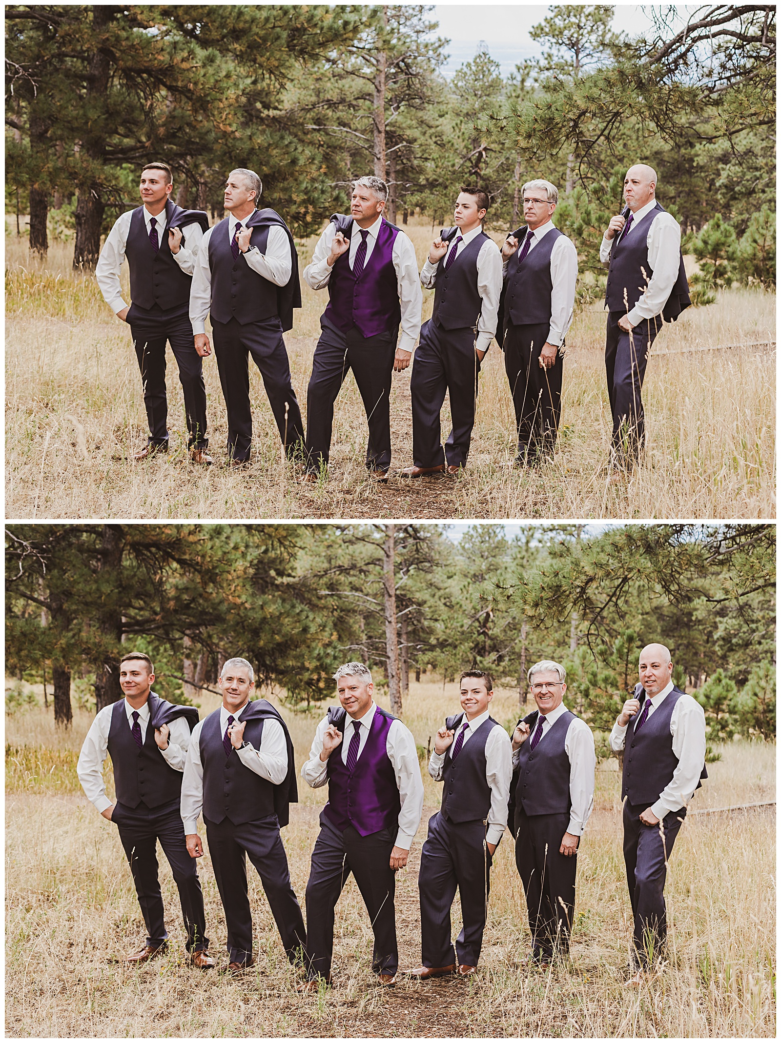 groom and groomsmen with purple vests
