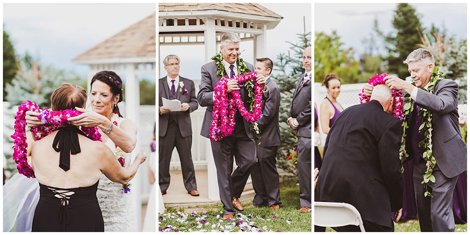 bride and groom giving out leis during wedding ceremony