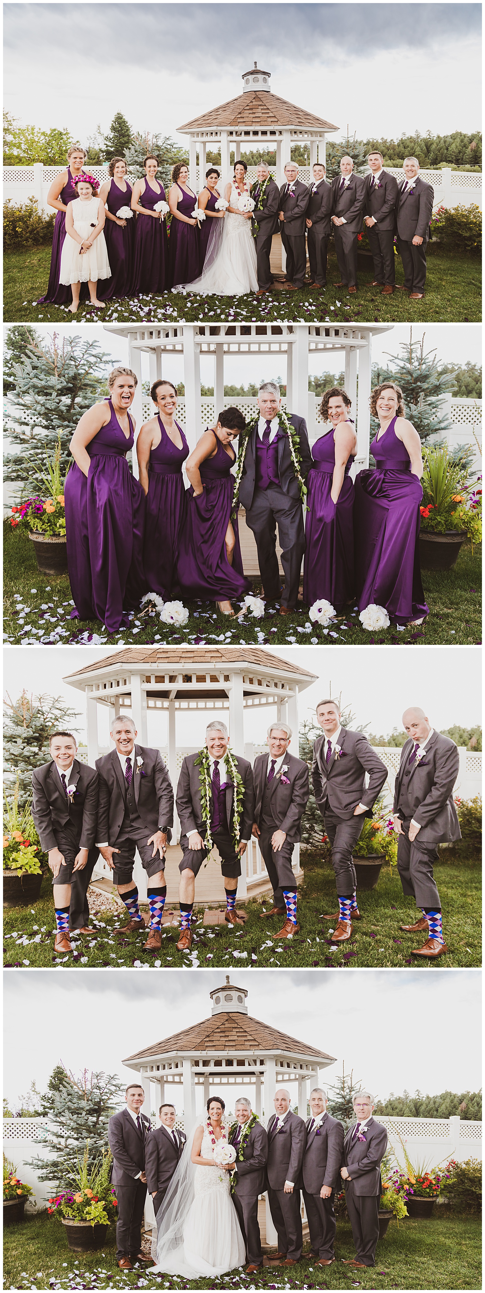 silly bridal party photos with purple accents