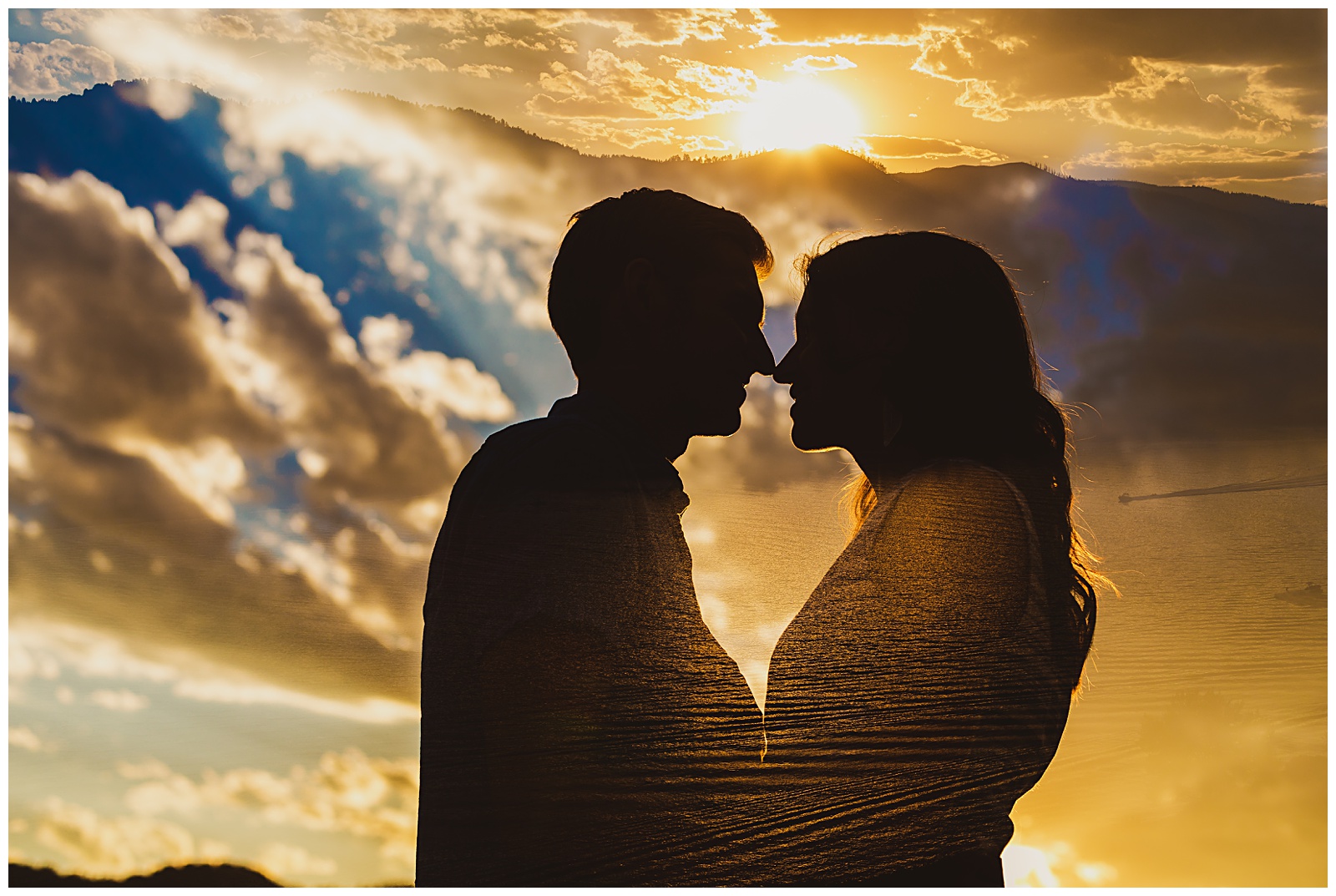 double exposure of a couple at sunset