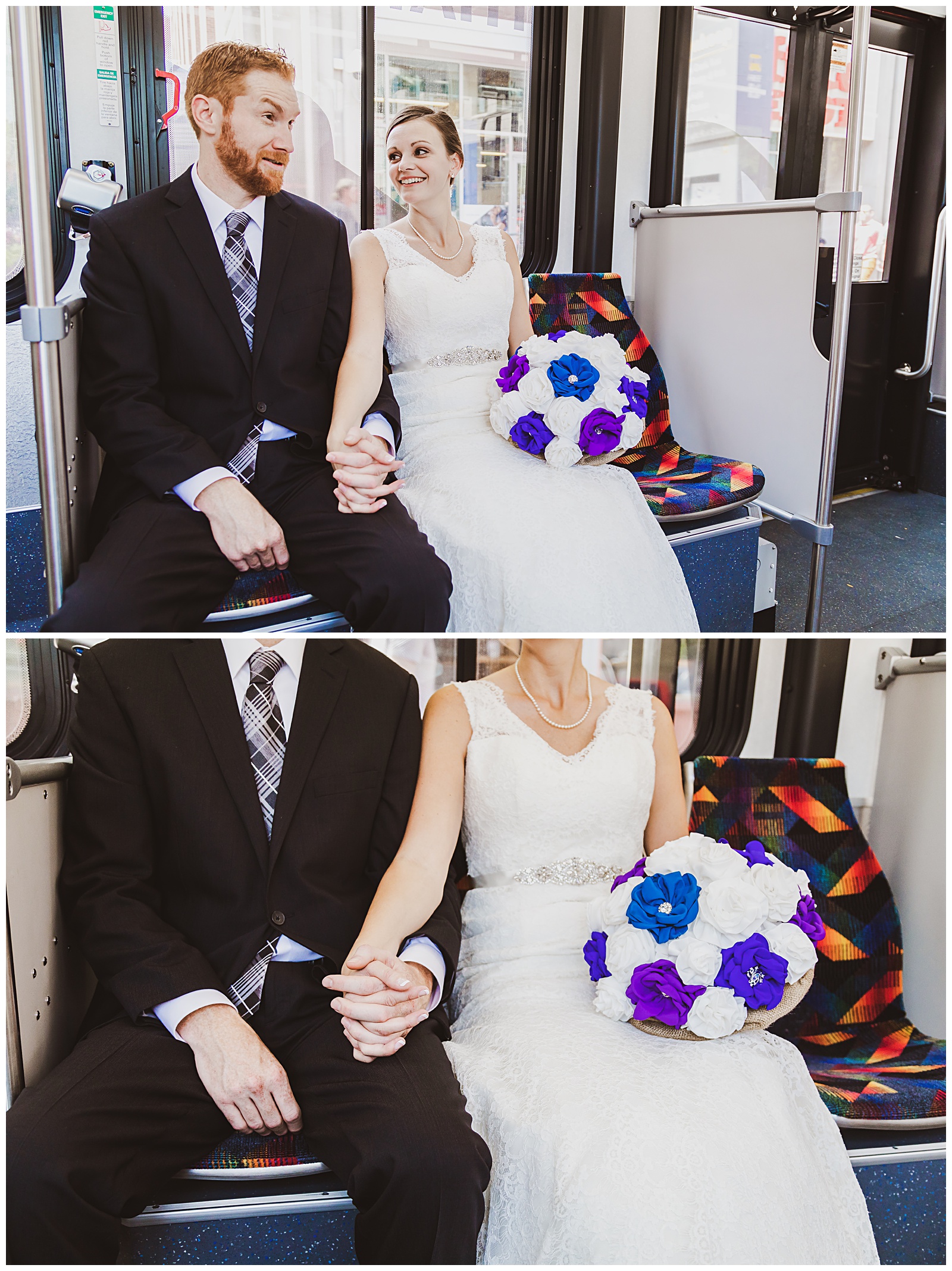 wedding couple riding bus together