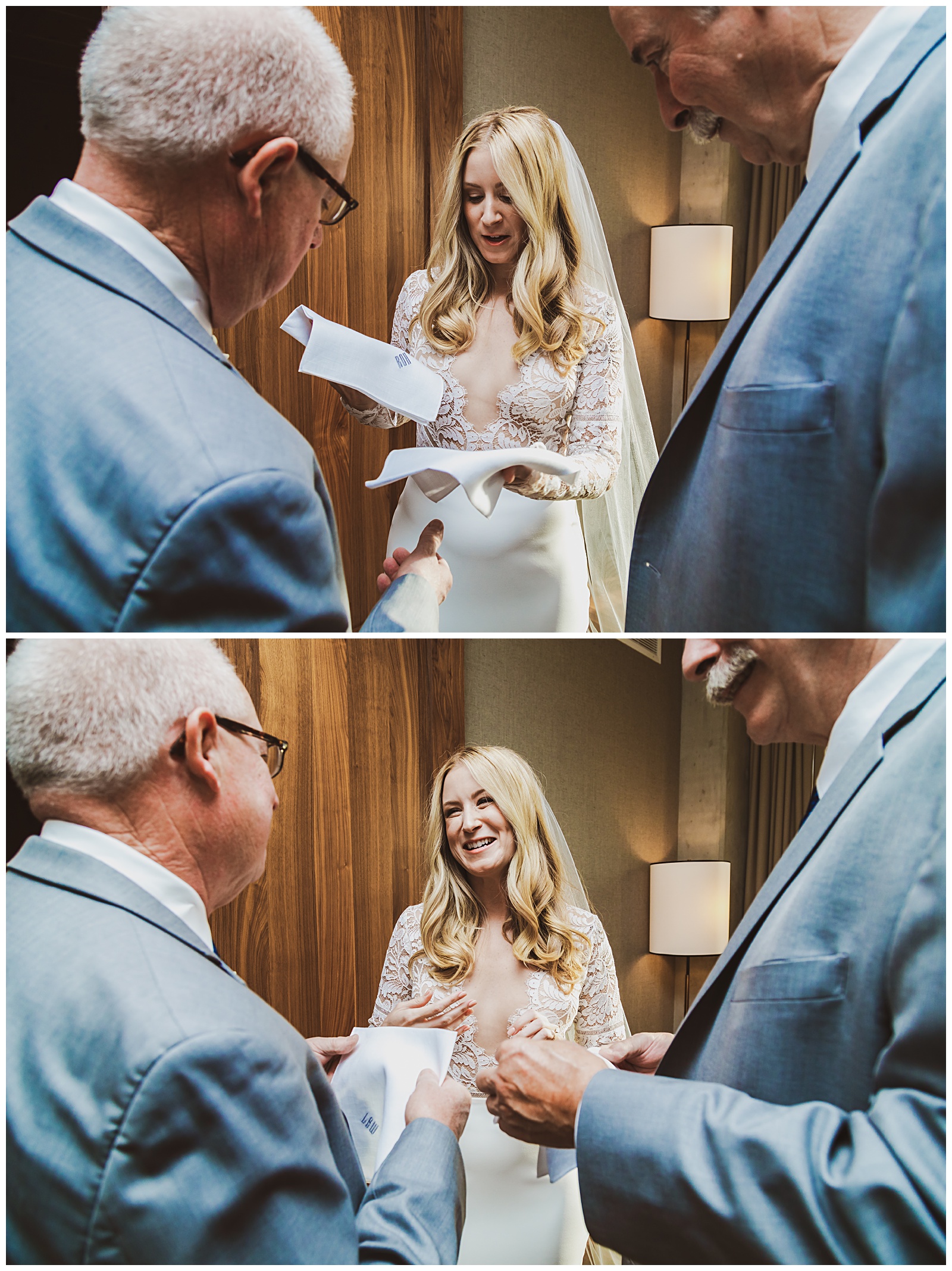 Bride giving gifts to her dad and father in law
