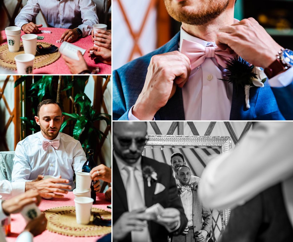 Groom playing card games before his wedding