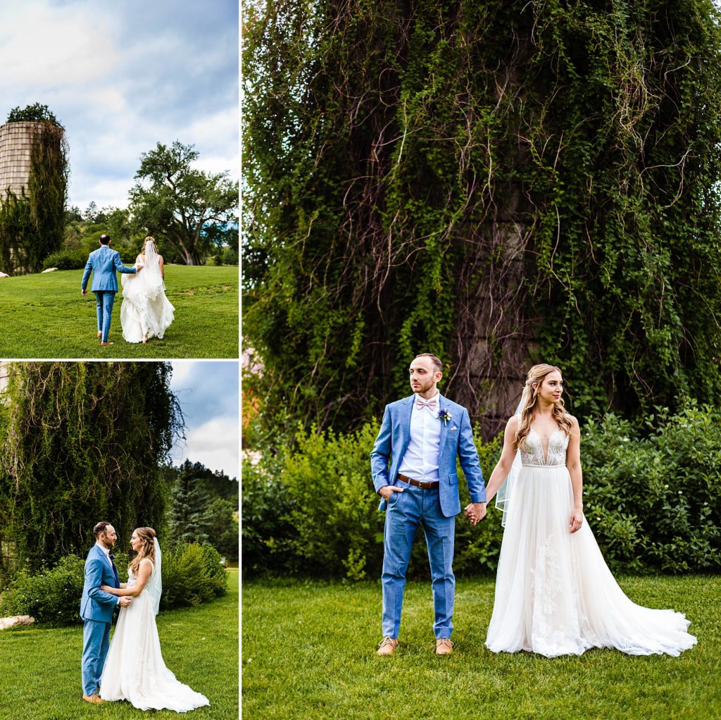 Couple poses in front of ivy covered silo