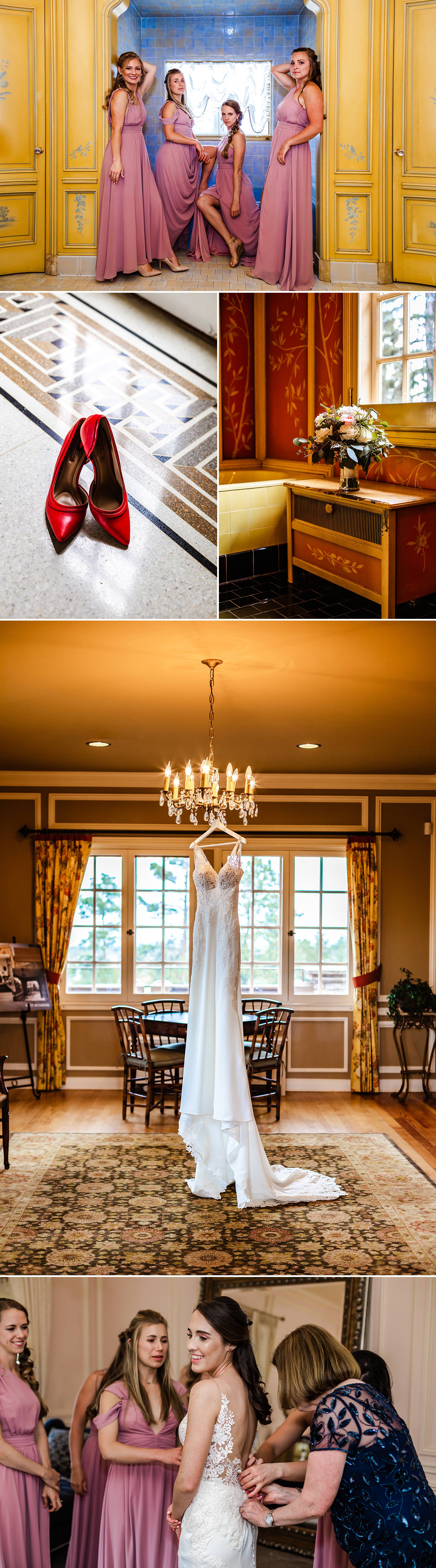 Bride and bridesmaids getting ready in bridal suite at Highlands Ranch Mansion