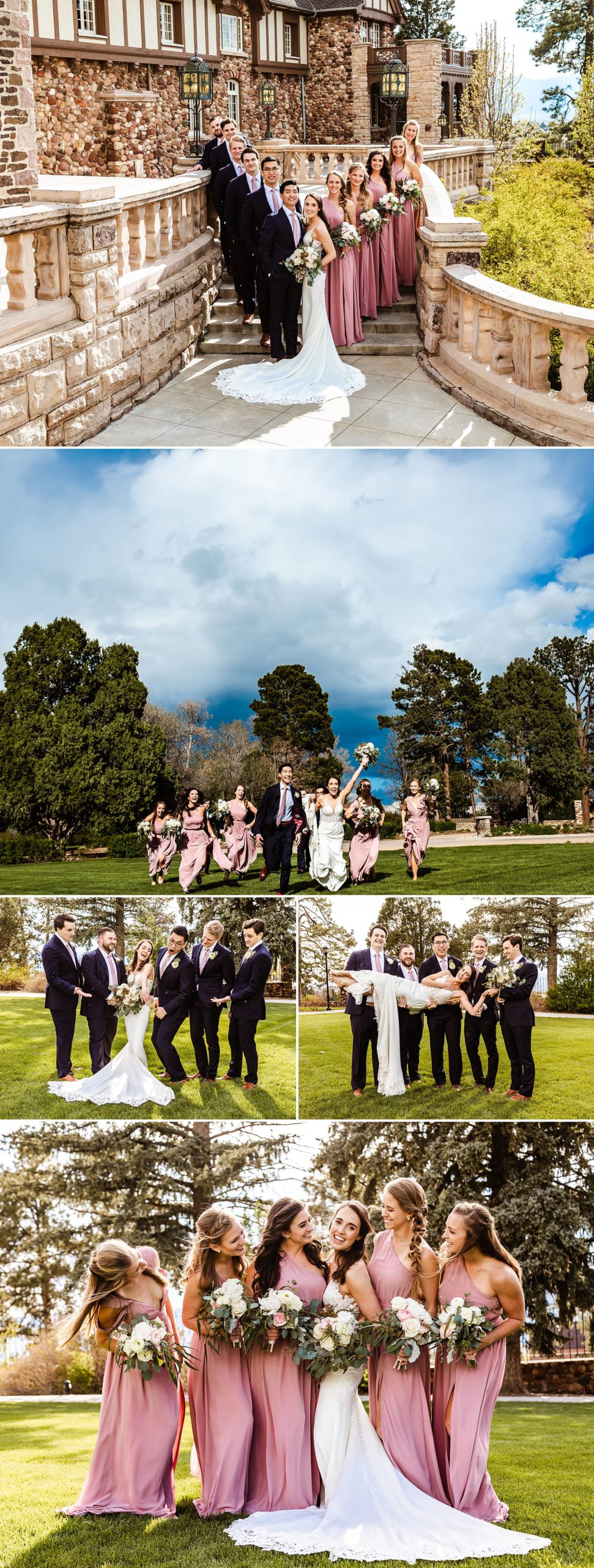 Bridal party photos on grounds of Highlands Ranch Mansion