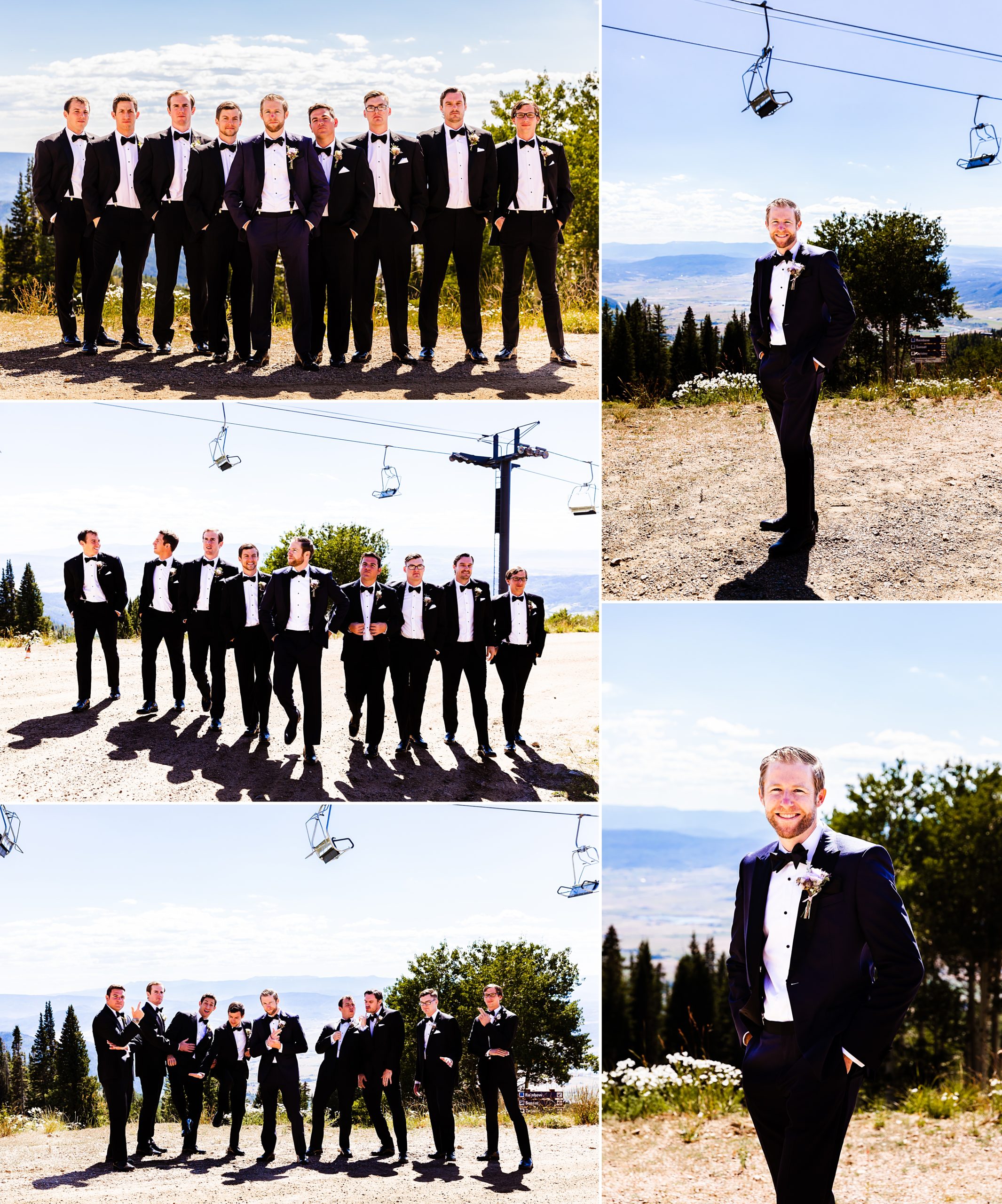 Groom and groomsmen take photos on Steamboat mountaintop